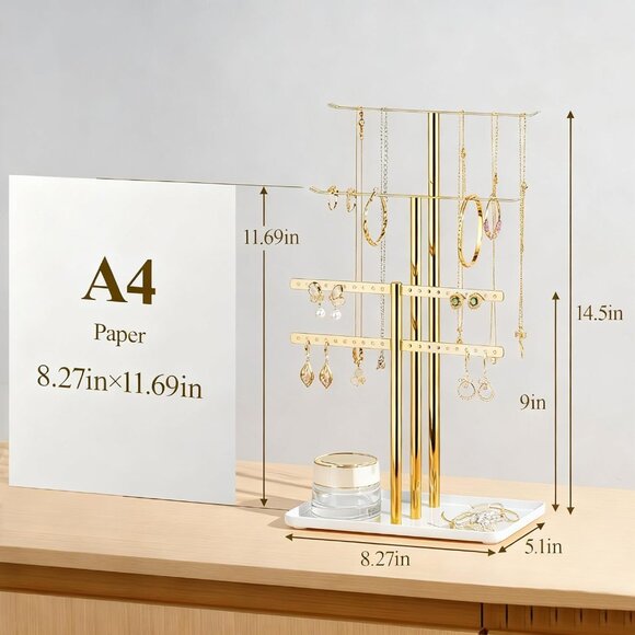 Sturdy 14.5” Gold Jewelry Stand - Modern Organizer for Earrings and Bracelets - Picture 2 of 7